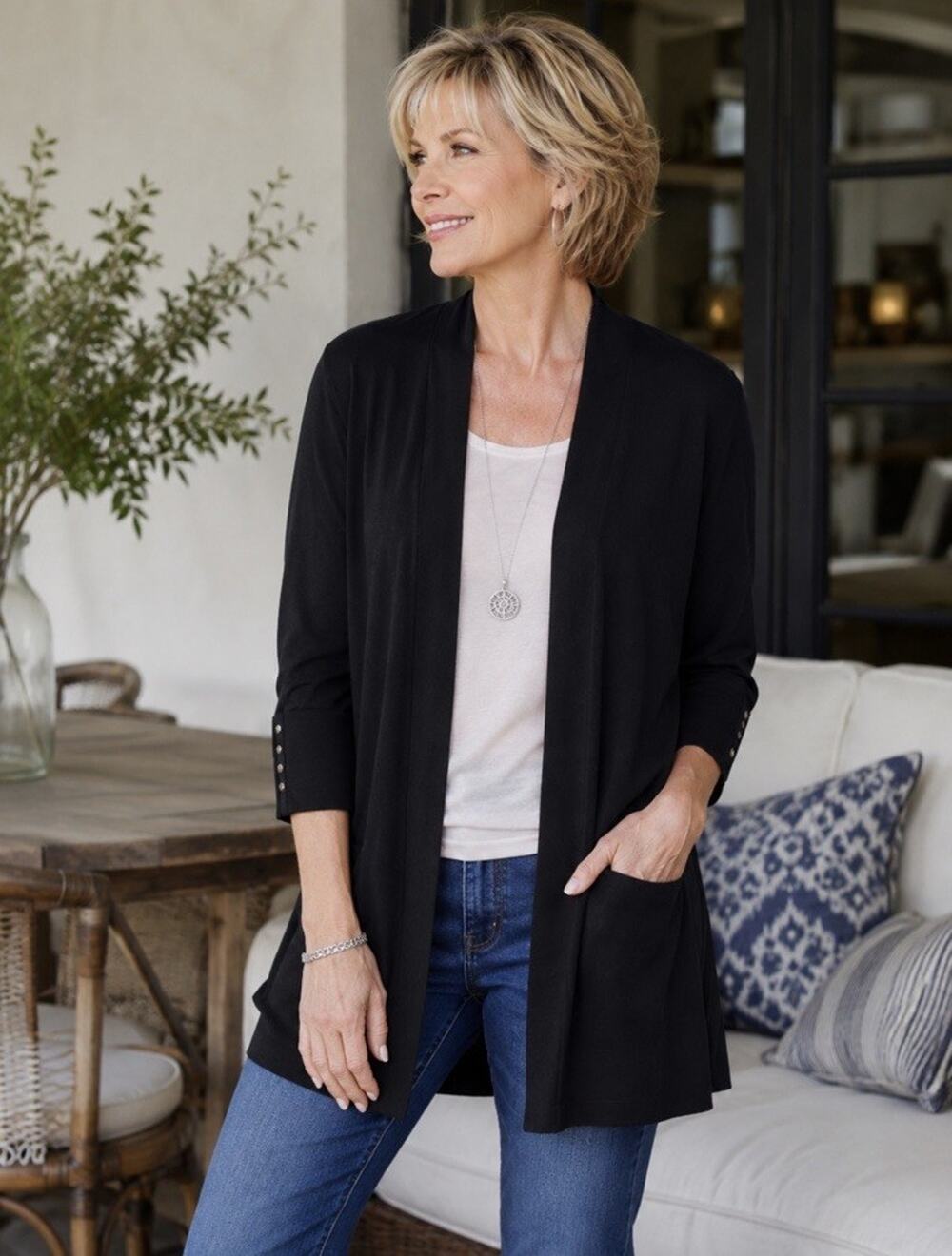 NWT Chicos Women’s Open Black Long Lightweight Cardigan Sz 4 US 20 Gold Buttons